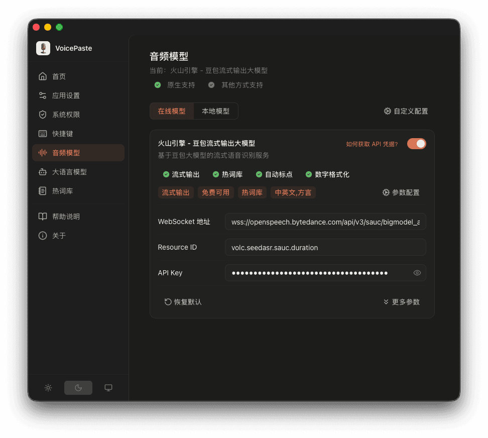 Doubao speech API key configuration in an earlier VoicePaste interface