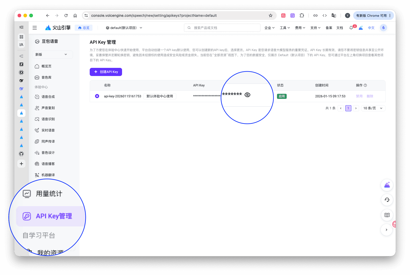 Create or view a key in Doubao speech API Key management