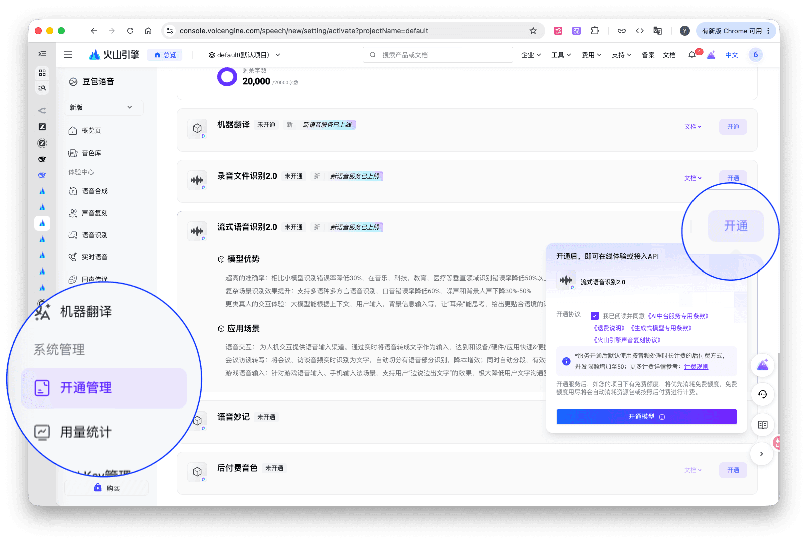 Activate Streaming Speech Recognition 2.0 in the Doubao speech console